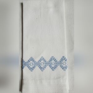 Vintage White Huck A Back Hand Towel With Blue And Silver Embroidery
